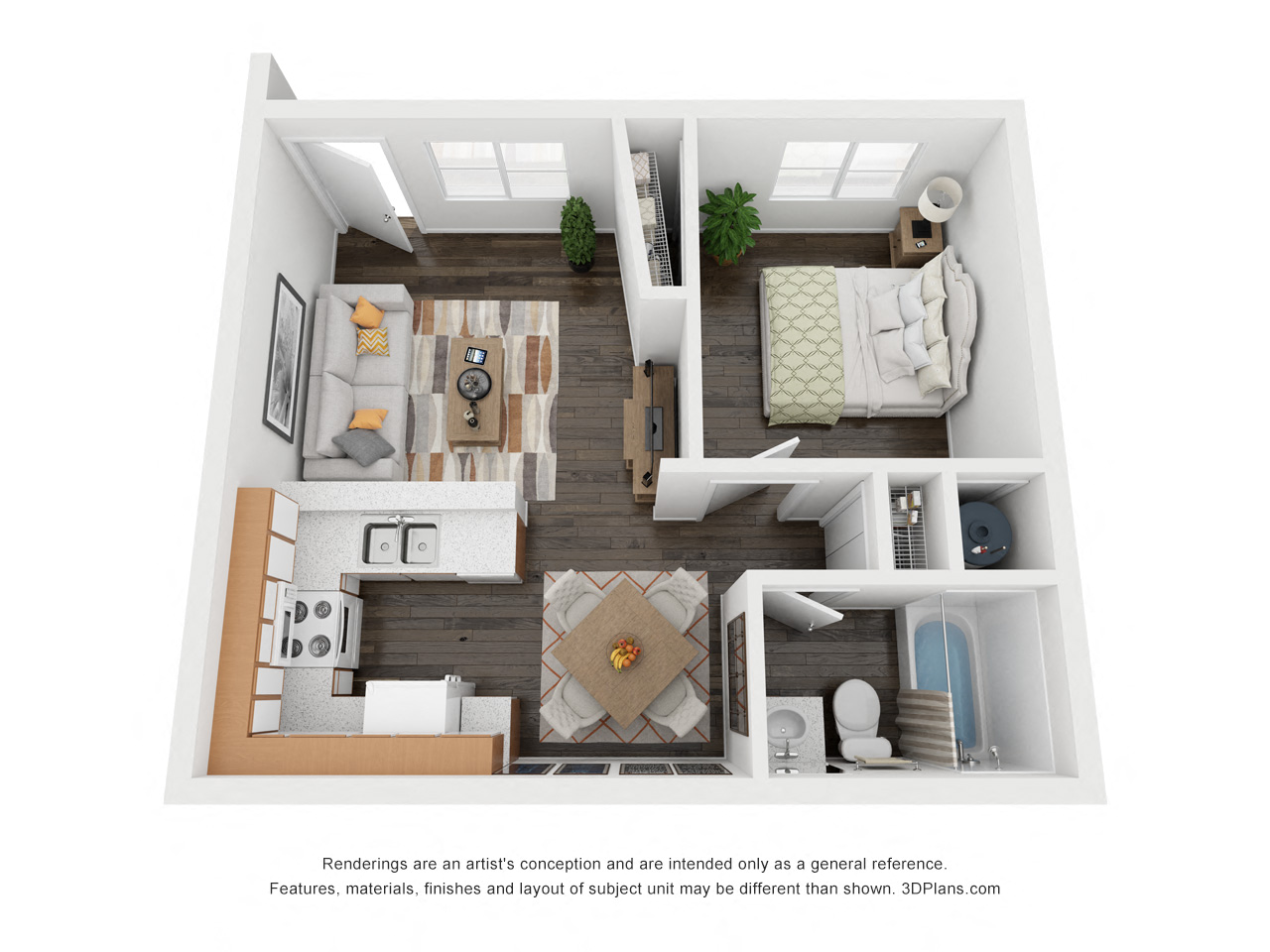 Floor plan for 1 bed, 1 bath, 482 sqft